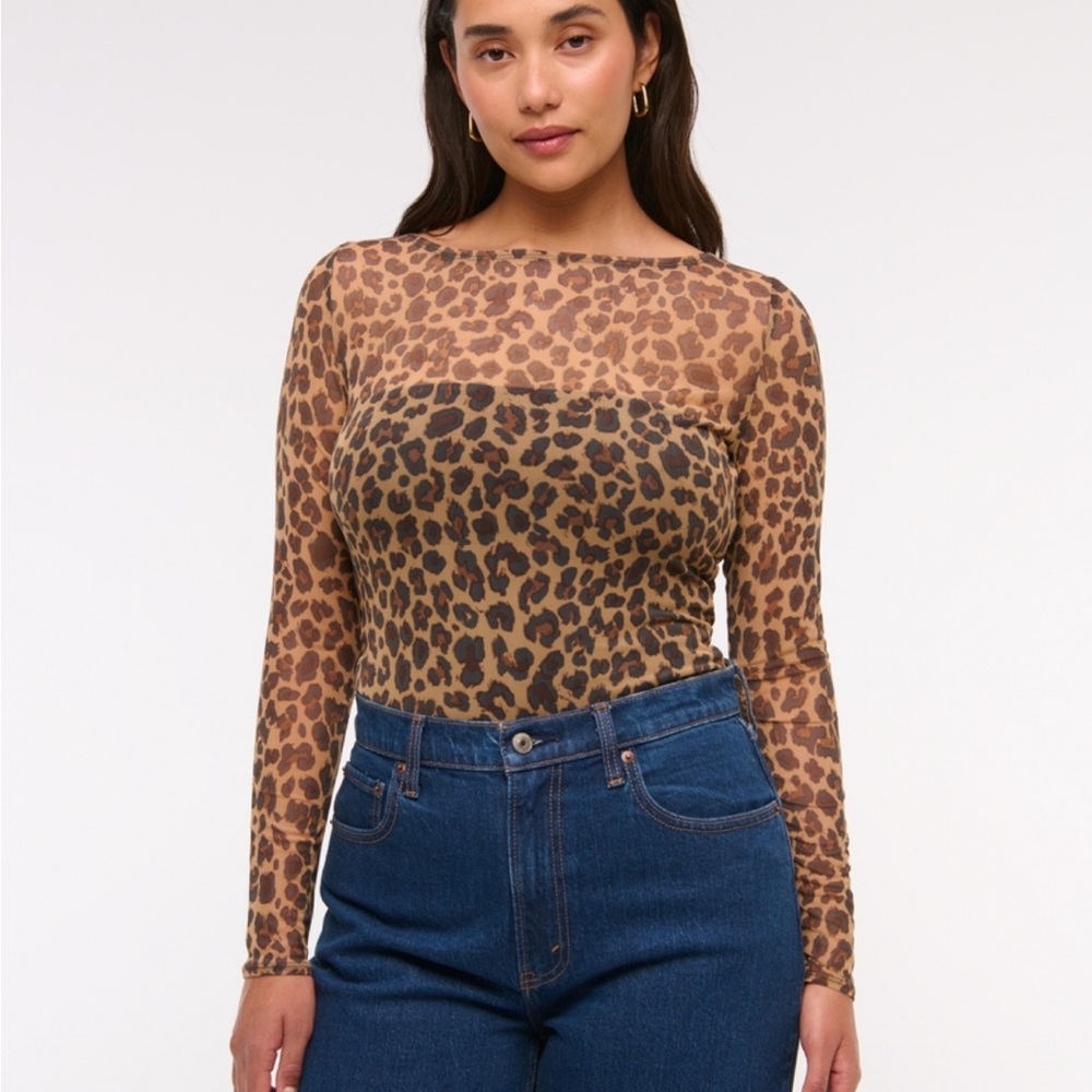Abercrombie & Fitch Leopard-Print Long Sleeve Mesh Top - Brown